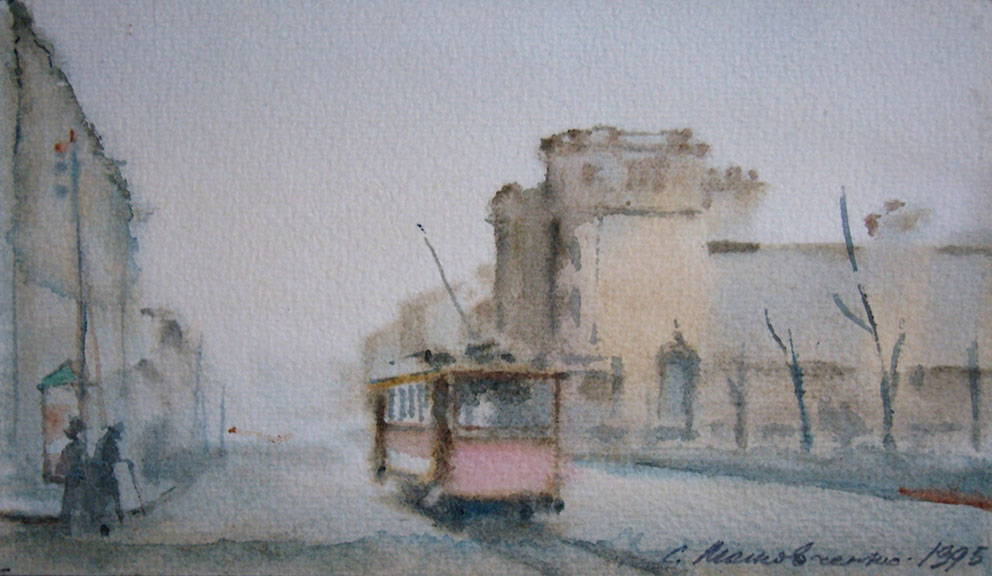 «Трамвай на Хрещатику». 1995. Папір, акварель